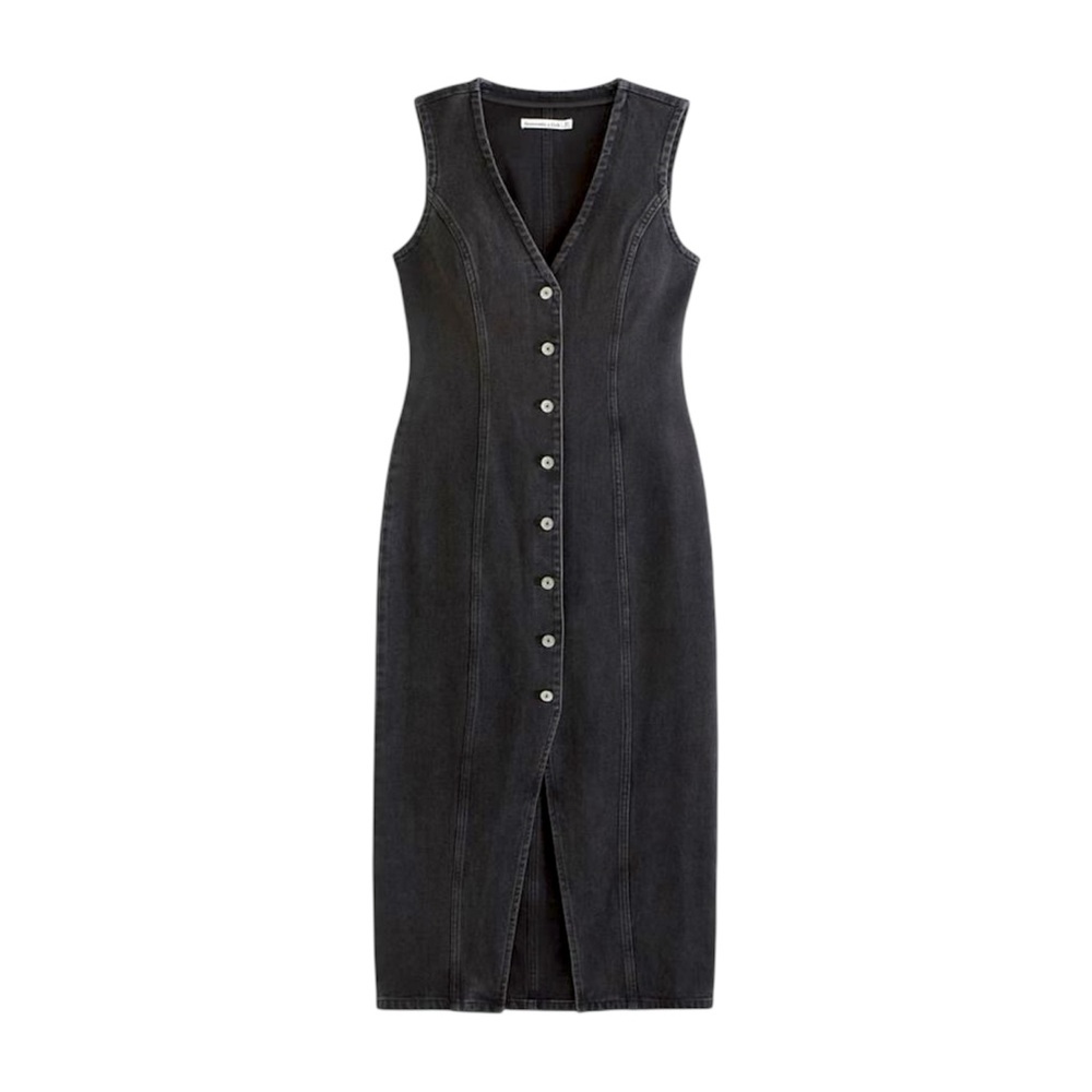 A&F Mara Vest Midi Denim Dress Black Button Front Women's Small Petite NWT